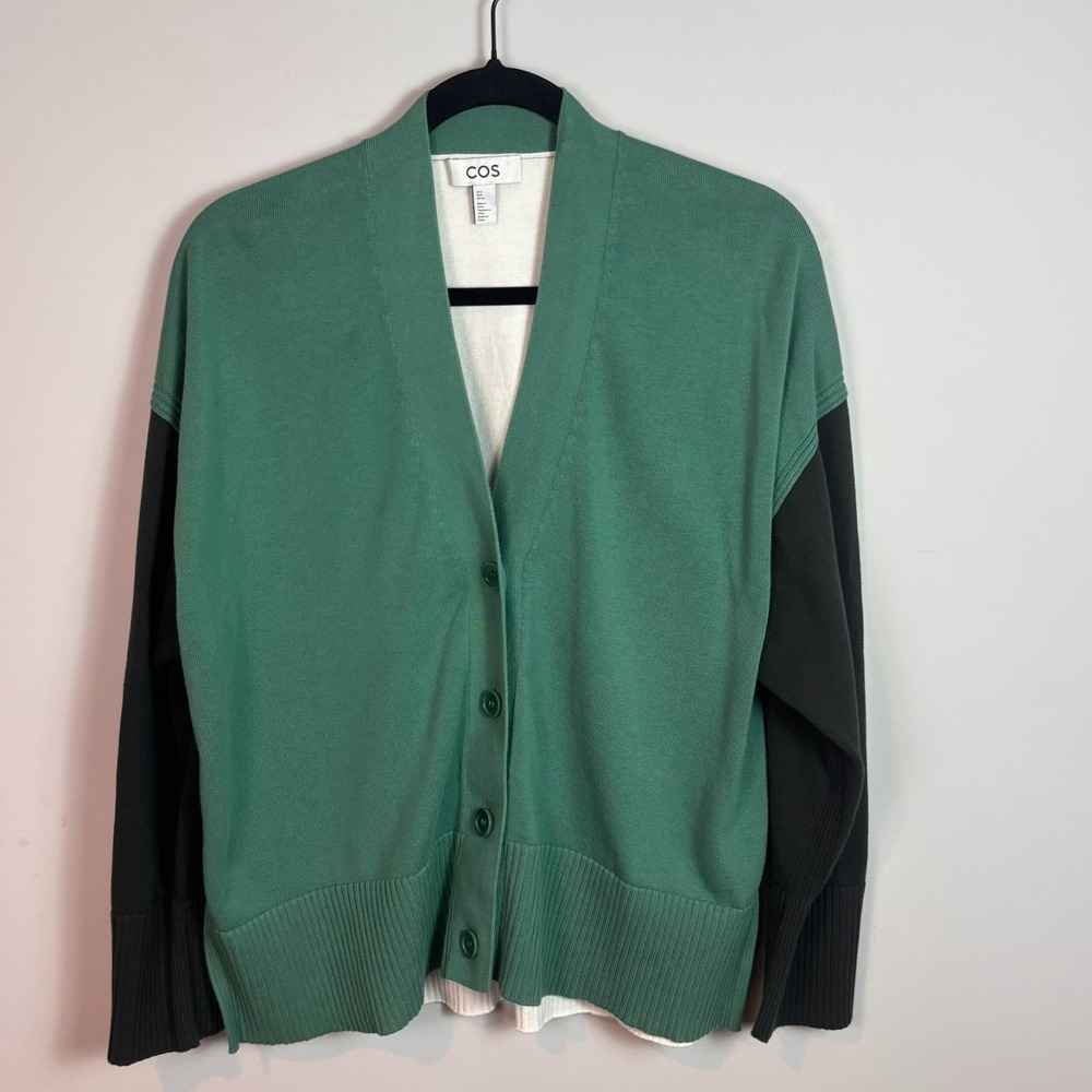COS Womens 100% Cotton Color Block Green Cardigan Oversized Sweater Small Grunge